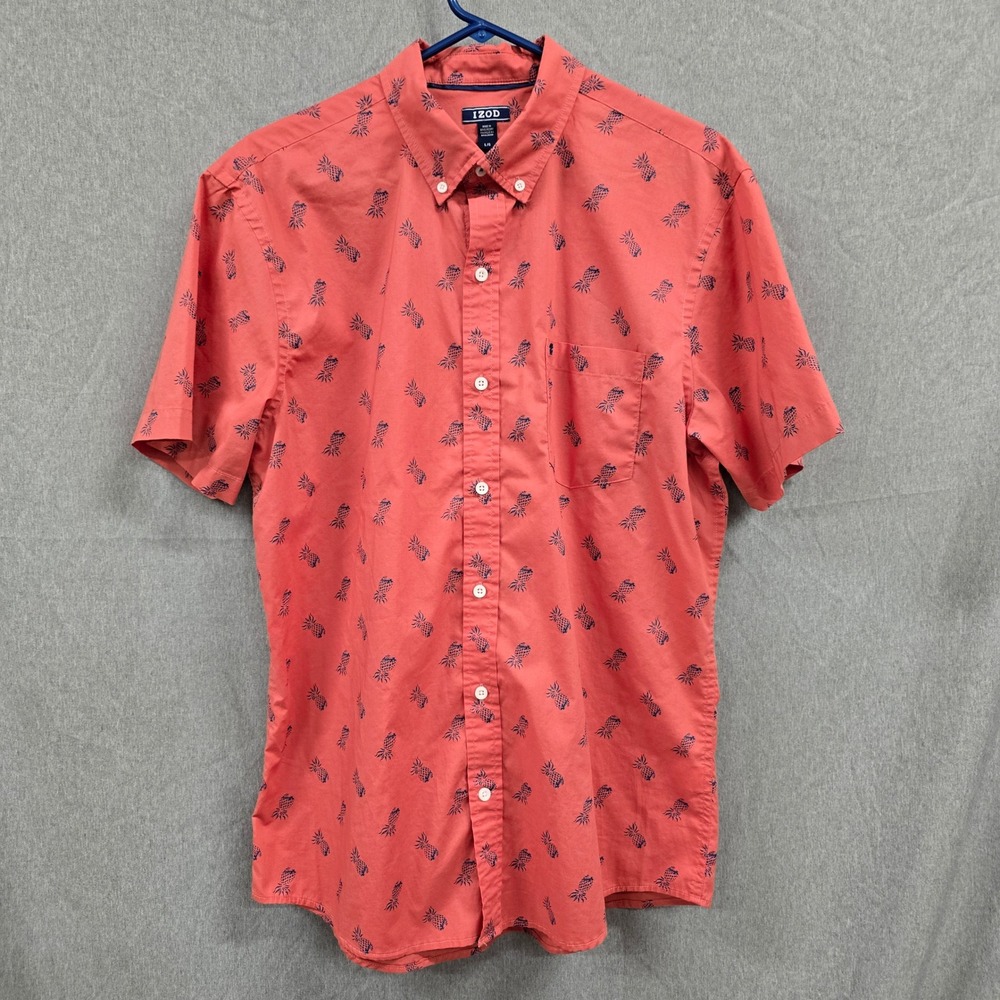 IZOD Mens Large Coral Pink Pineapple Print Short‎ Sleeve Button Down Shirt